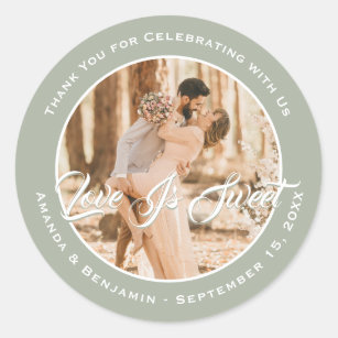 Elegant Sage Green Love Is Sweet Wedding Photo Classic Round Sticker