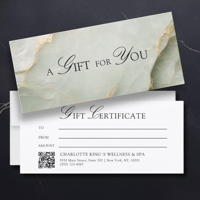 Elegant Sage Green Marble QR Code Gift Certificate (A Gift for You! Sage Green Gold Marble QR Code)