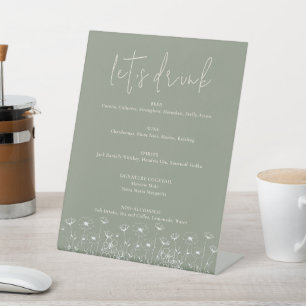 Elegant Sage Green Minimalist Boho Floral Wedding Pedestal Sign