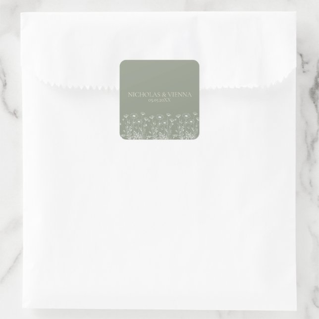 Elegant Sage Green Minimalist Boho Floral Wedding Square Sticker (Bag)