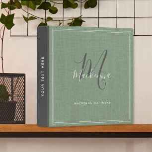 Elegant Sage Green Modern Monogram Script Linen Binder
