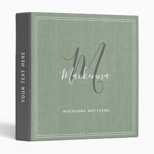Elegant Sage Green Modern Monogram Script Linen Binder