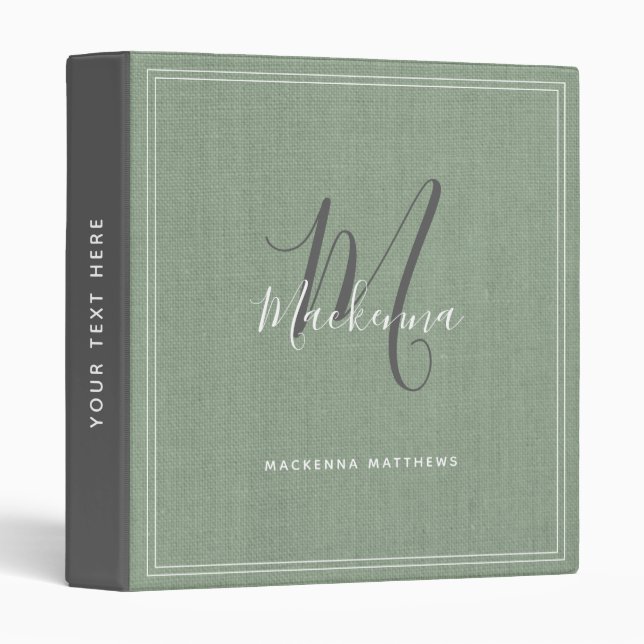 Elegant Sage Green Modern Monogram Script Linen Binder (Front/Spine)