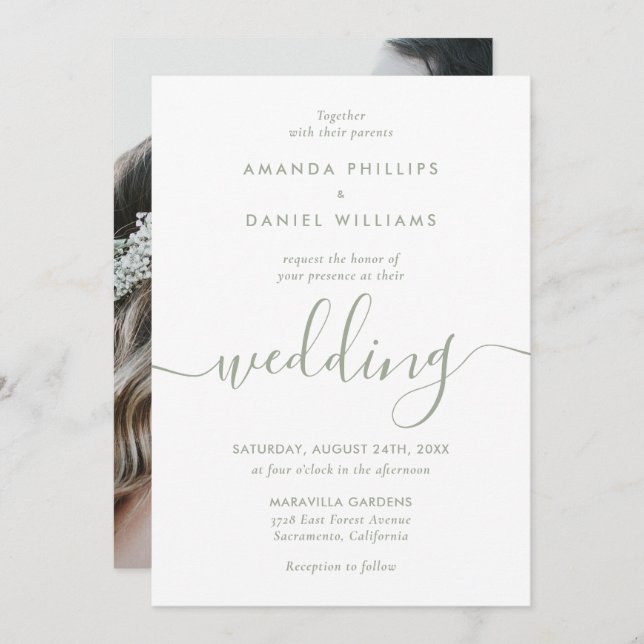 Elegant Sage Green Modern Script Photo Wedding Invitation (Front/Back)