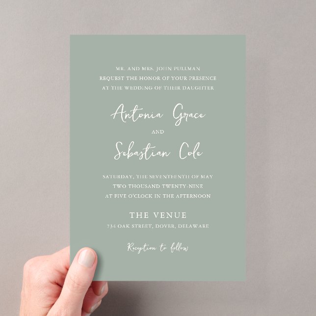 Elegant Sage Green Modern Wedding Acrylic Invitations (Insitu (Handheld))