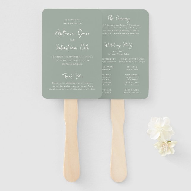 Elegant Sage Green Modern Wedding Program Hand Fan (Front and Back)