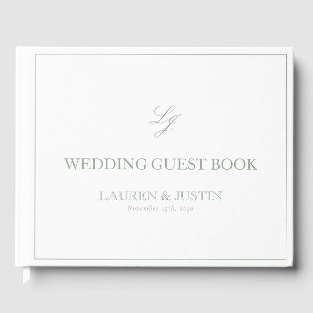 Elegant Sage Green Monogram Calligraphy Wedding Guest Book (Front)