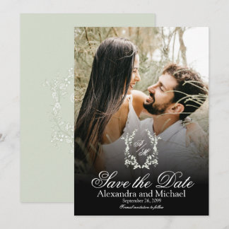 Elegant Sage Green Monogram Crest Photo Overlay Save The Date