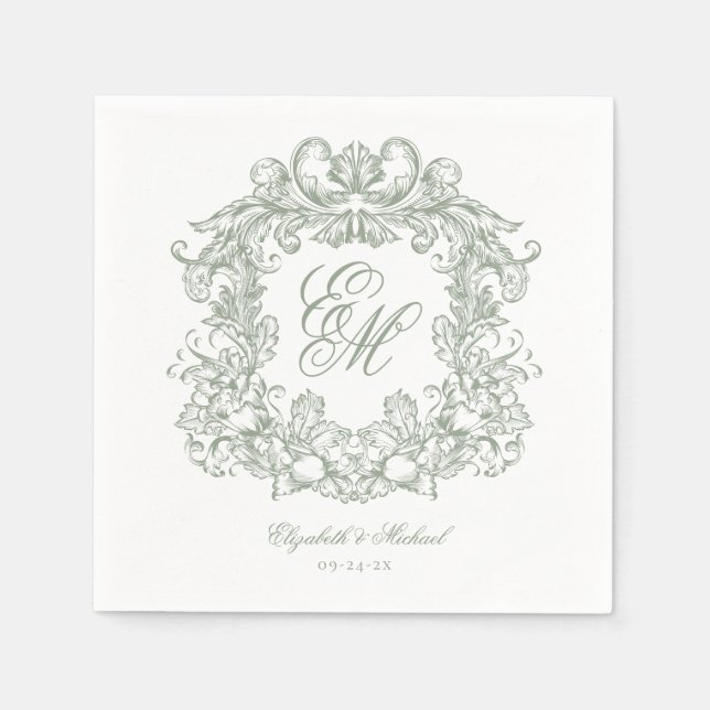 Elegant Sage Green Monogram Crest Script Wedding Napkin (Front)
