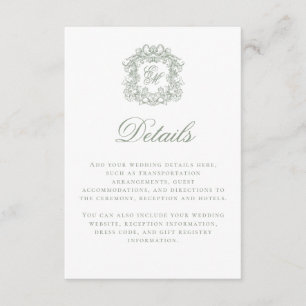 Elegant Sage Green Monogram Crest Wedding Details Enclosure Card
