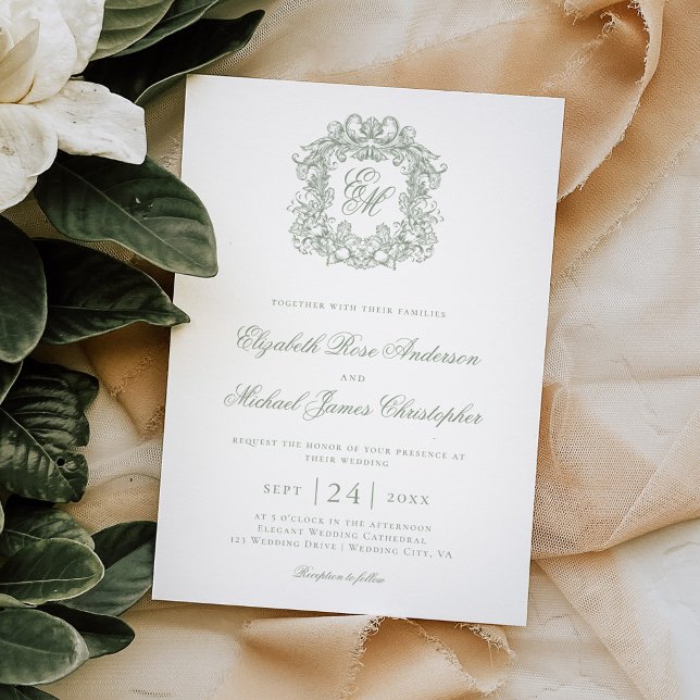 Elegant Sage Green Monogram Crest Wedding Invitation (Creator Uploaded)