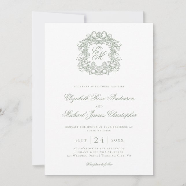 Elegant Sage Green Monogram Crest Wedding Invitation (Front)