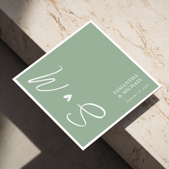 Elegant Sage Green Monogram Initials Wedding Napkin (Personalized Sage Green Wedding Napkins - Elegant)