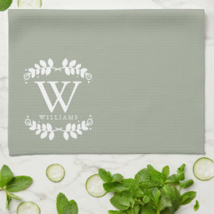 Elegant Sage Green Monogram Kitchen Towel