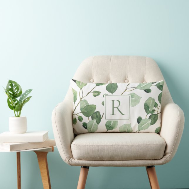 Elegant Sage Green Monogram Leaves  Lumbar Pillow (Chair)