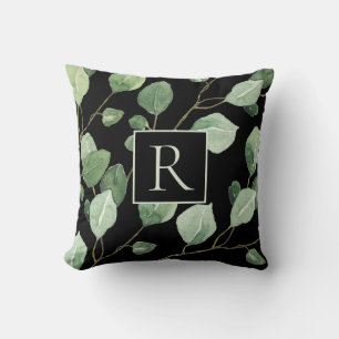 Elegant Sage Green Monogram Leaves Throw Pillow