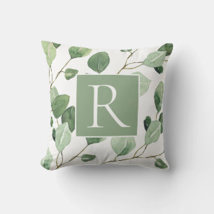 Elegant Sage Green Monogram Leaves Throw Pillow