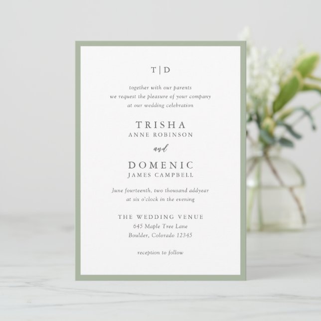 Elegant Sage Green Monogram Modern Wedding Invitation (Standing Front)