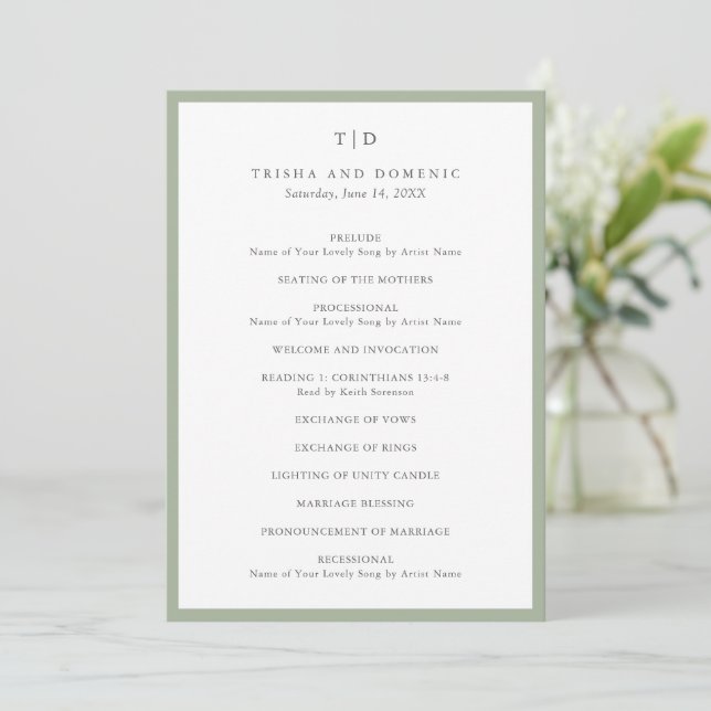Elegant Sage Green Monogram Modern Wedding Program (Standing Front)