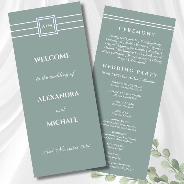 Elegant Sage Green Monogram Modern Wedding Program (Creator Uploaded)