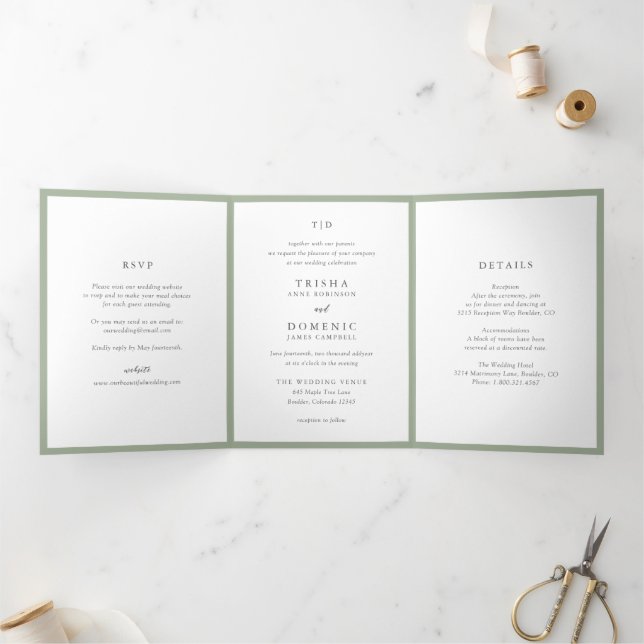 Elegant Sage Green Monogram Modern Wedding Tri-Fold Invitation (Inside)