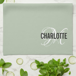 Elegant sage green monogram name kitchen towel
