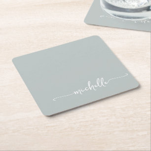 Elegant Sage Green Monogram Name Script Square Paper Coaster