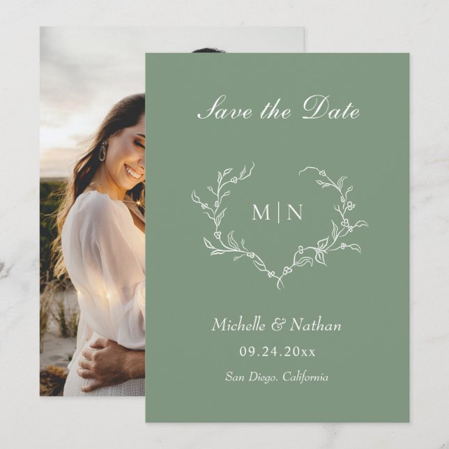 Elegant Sage Green Monogram Save the Date Photo  Invitation (Front/Back)