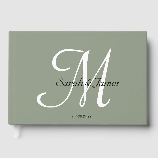 Elegant Sage Green Monogram Script Wedding Party Guest Book (Front)