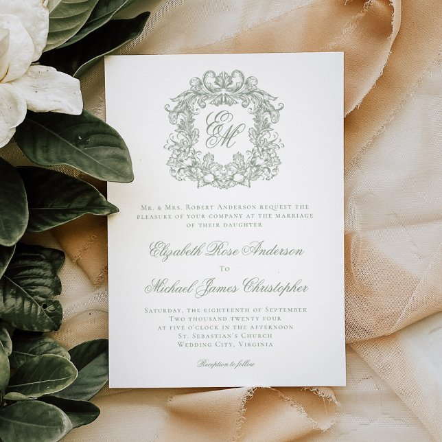 Elegant Sage Green Monogram Wedding Crest Invitation (Creator Uploaded)