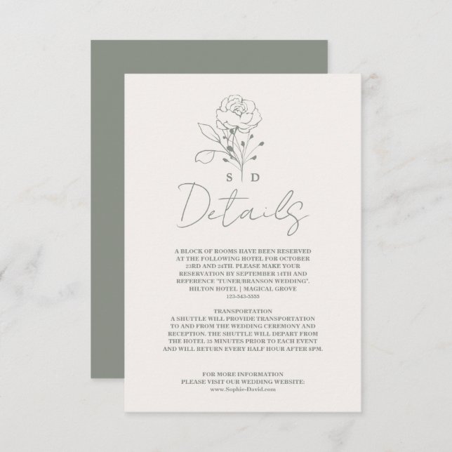 Elegant Sage Green Monogram Wedding Details Enclosure Card (Front/Back)