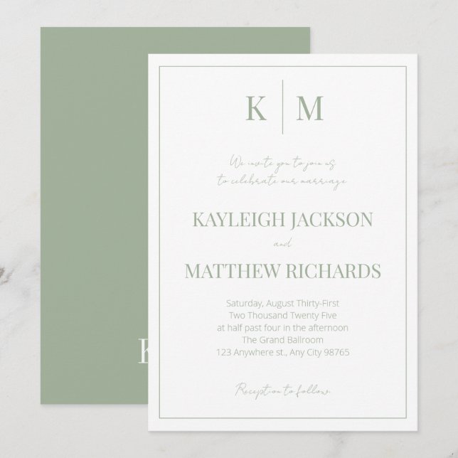 Elegant Sage Green Monogram Wedding  Invitation (Front/Back)