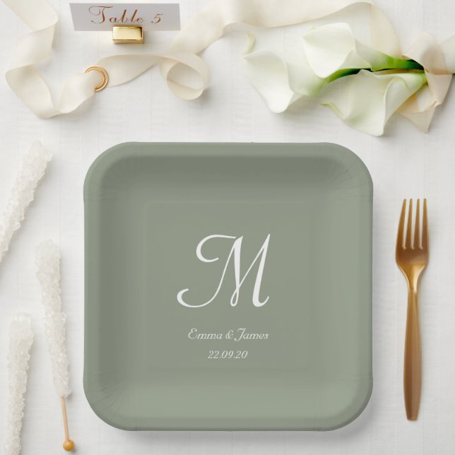 Elegant Sage Green Monogram Wedding Party Cocktail Paper Plate (Wedding)