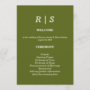 Elegant sage green Monogram Wedding Program Card