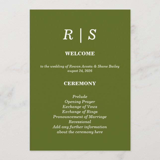 Elegant sage green Monogram Wedding Program Card (Front)