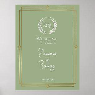 Elegant Sage Green Monogram Wedding Welcome Poster