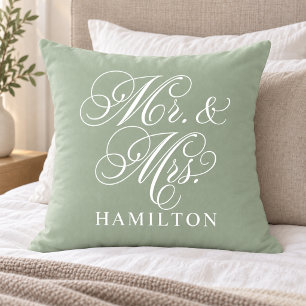 Elegant Sage Green Mr and Mrs Script Wedding Throw Pillow