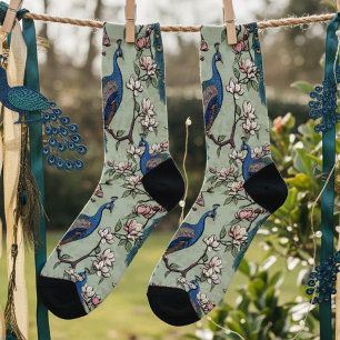 Elegant Sage Green Peacocks and Magnolia Flowers Socks