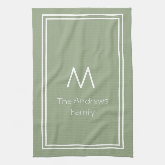 Elegant Sage Green Personalised Monogrammed Kitchen Towel (Vertical)