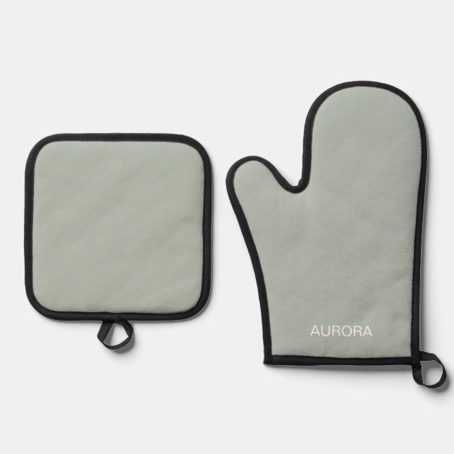 Elegant Sage Green Personalized Name -  Oven Mitt & Pot Holder Set (Front)