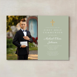 Elegant Sage Green Photo Boy First Communion  Invitation