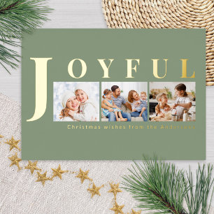 Elegant Sage Green Photo Collage Joyful Christmas Foil Holiday Card