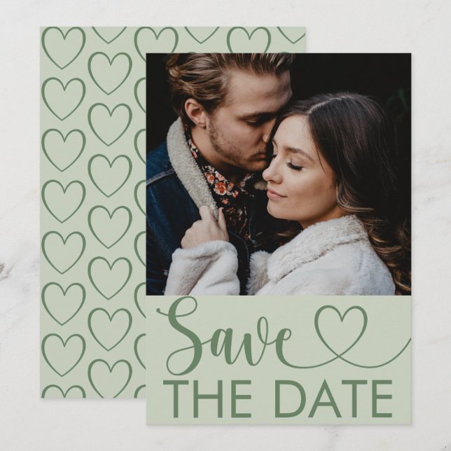 Elegant Sage Green Photo & Heart Save the Date (Front/Back)