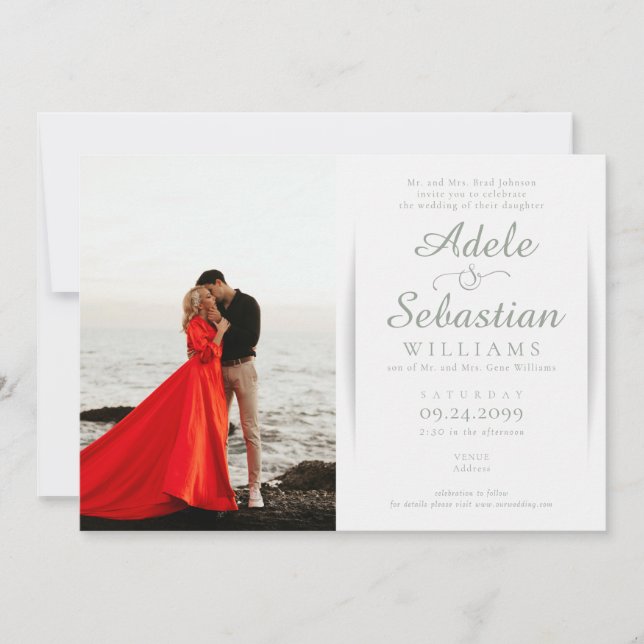 Elegant Sage Green Photo Monogram Formal Wedding Invitation (Front)