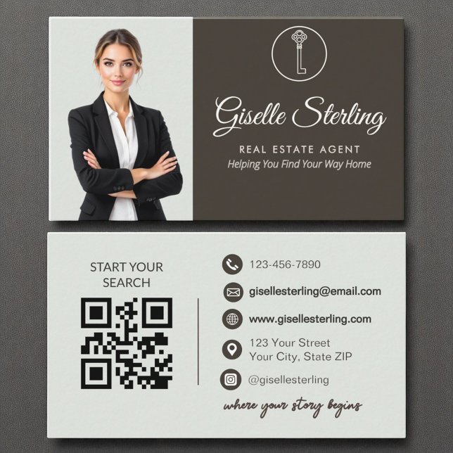 Elegant Sage Green Photo Real Estate Agent QR Code Business Card (Creator Uploaded)