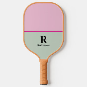 Elegant Sage Green & Pink Monogram Modern Script Pickleball Paddle