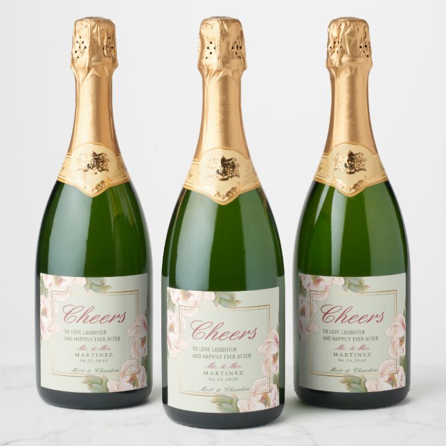 Elegant Sage Green & Pink Peony Floral Wedding Sparkling Wine Label (Bottles)