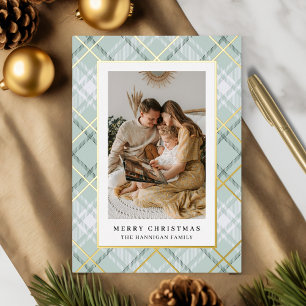 Elegant Sage Green Plaid Family Picture  Foil Holiday Card