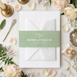 Elegant Sage Green Plaid Wedding Invitation Belly Band