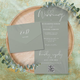 Elegant Sage Green QR Code Monogram Wedding All In One Invitation